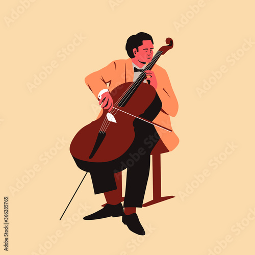 Male musician playing cello. Flat vector illustration of a man performing solo on stage playing a melody on a cello. Professional musician with a violoncello dressed in retro style