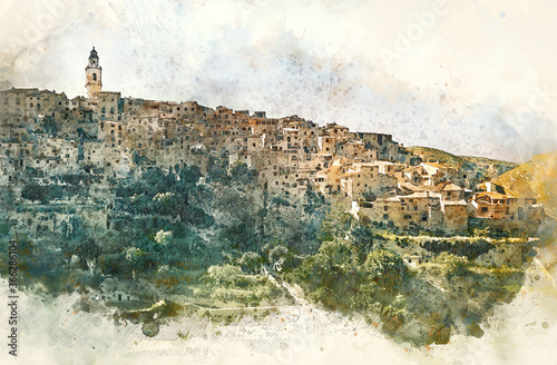 Canvas Print Digital watercolor of Bocairent village. Spain