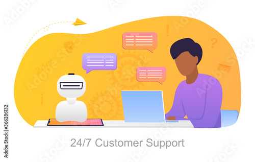 Concept of robotic or automated online customer support with a young man communicating on his laptop with a help assistant, colored vector illustration