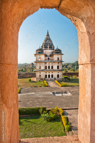 Indian architecture. The buildings of Cinotaphs from 17th century, like the memorial for kings of Orchha city, Madhya Pradesh state, India photo