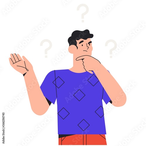 Thoughtful characters with question marks solving problems or searching solutions. Problem solving and choice. Smart man thinking or puzzled. Frequently asked questions concept.