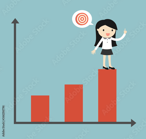Business concept, Business woman is standing on the top chart thinking about target. Vector illustration.