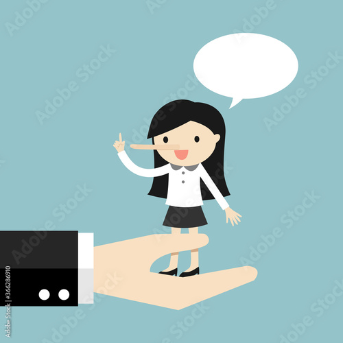 Business woman is standing on a big hand and lying to her boss. Vector illustration.