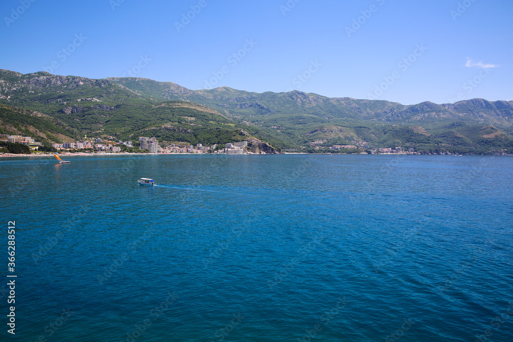 Tourism in Montenegro, Budva region in summer 2019. Mountain and sea view.
