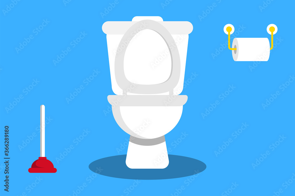 White toilet bowl. Toilet paper and toilet plunger. Modern bathroom illustration. Vector set. White toilet bowl. Toilet paper and toilet plunger. Modern bathroom illustration. Vector set.