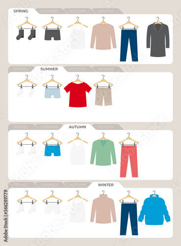 Vector different types of men s clothing according to the seasons.