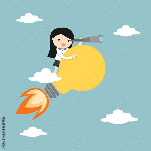 Business concept, Business woman is flying by big light bulb while using telescope.