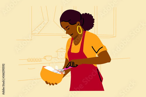 Cooking, baking, hobby, food, preparation concept. Young happy smiling african american woman housewife cooker chef checking mixed dough preparing cake. Making dishes and sweet desserts illustration.