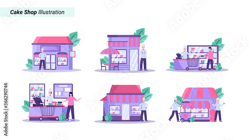 Flat vector illustration of customer who buys a cake for a birthday at a roadside cake shop