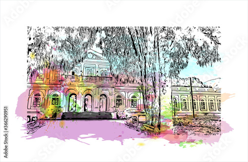 Building view with landmark of Petropolis is a Brazilian city north of Rio de Janeiro. Watercolor splash with hand drawn sketch illustration in vector.