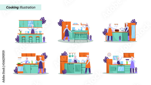 Flat vector illustration of chef prepares food well for shoppers in restaurants