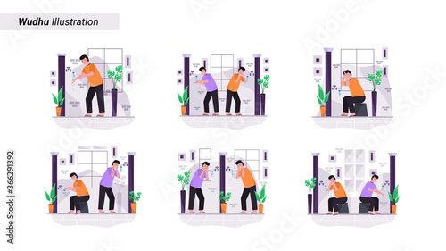Flat vector illustration of someone does ablution, washing hands, rinsing, washing face, ears, and feet