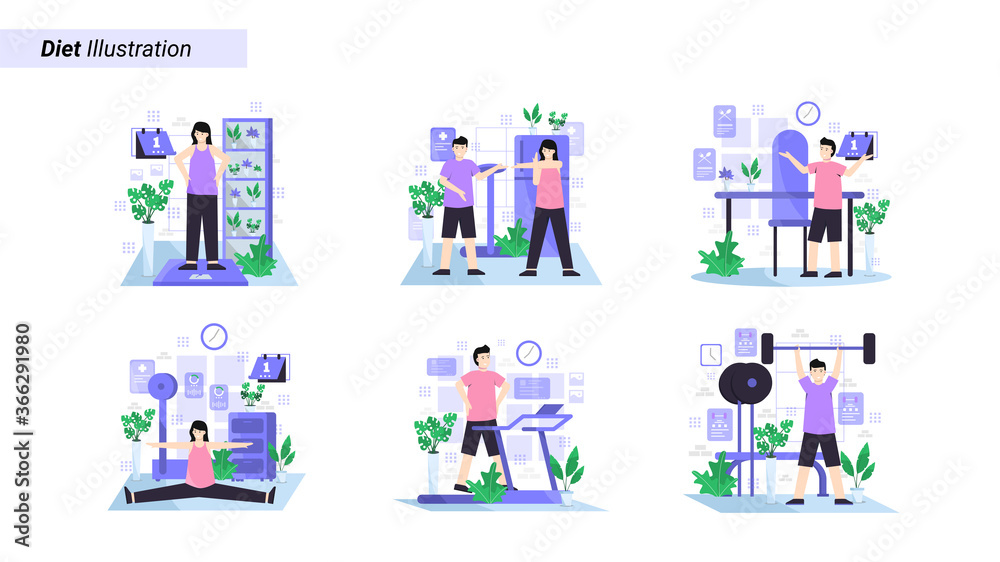Fototapeta premium Flat vector illustration of go on a diet with regular exercise every day and maintain a healthy diet