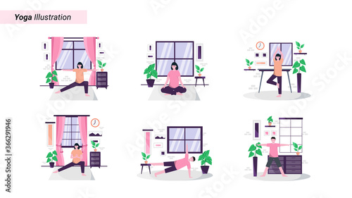 Flat vector illustration of doing yoga exercises at home every morning to maintain a healthy body