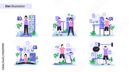 Flat vector illustration of go on a diet with regular exercise every day and maintain a healthy diet