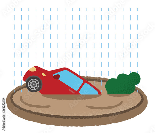 浸水の被害に遭う自動車のベクターイラスト	