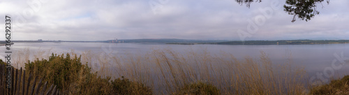 panoramic view of slight fog over the pond