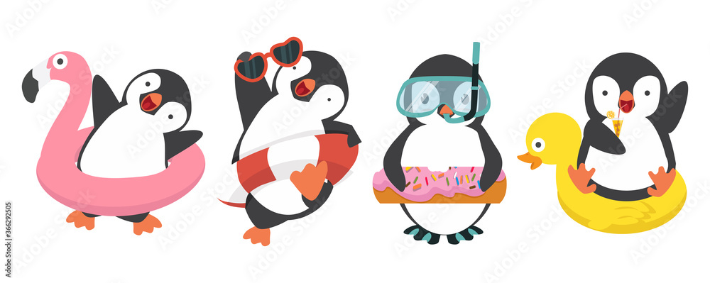 Penguins swim in inflatable ring set Penguins swim in inflatable ring set