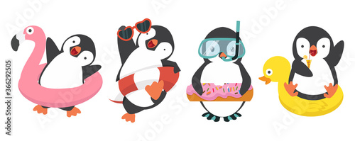 Penguins swim in inflatable ring set