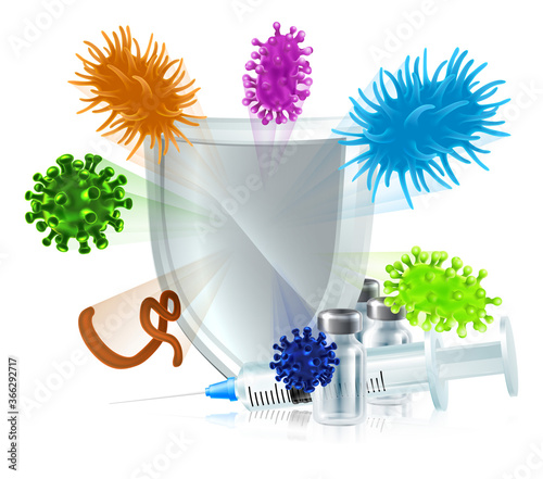 Injection syringe and vaccine or medicine protective shield conceptual medical illustration
