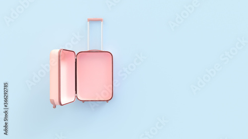 Open empty pink suitcase luggage bag on blue background. Travel concept mockup with copy space. Top view.