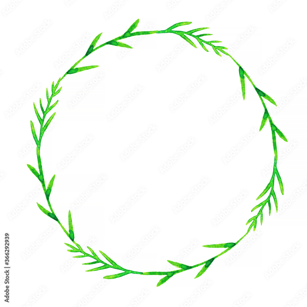 Herbal watercolor circle wreath frame template with copy space for text. Hand drawn thin leaves, grass. A raster illustration.