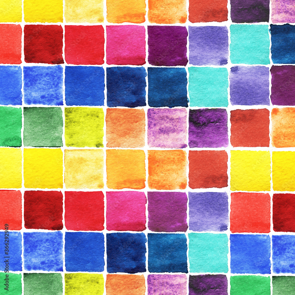 Watercolor abstract background. Square swatches multicolor pattern. A colorful mosaic backdrop.