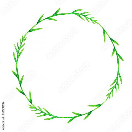 Herbal watercolor circle wreath frame template with copy space for text. Hand drawn thin leaves  grass. A raster illustration.
