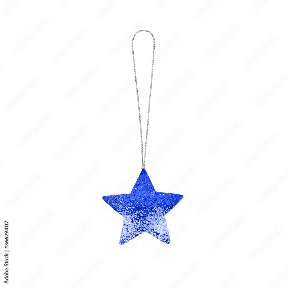 Blue star on white background isolated close up, Сhristmas tree decoration, colorful shiny star shaped bauble, traditional new year holiday decor design element, decorative xmas glittering hanging toy Blue star on white background isolated close up, Сhristmas tree decoration, colorful shiny star shaped bauble, traditional new year holiday decor design element, decorative xmas glittering hanging toy