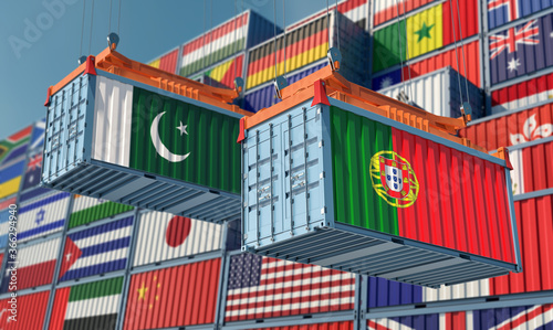 Freight containers with Pakistan and Portugal flag. 3D Rendering 