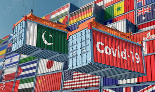 Container with Coronavirus Covid-19 text on the side and container with Pakistan Flag. Concept of international trade spreading the Corona virus. 3D Rendering © Marius Faust
