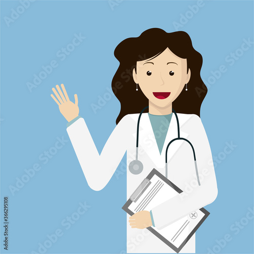 The doctor keeps a medical history and waves her hand mostly. The doctor invites you for an examination.
Smiling medical professional in a white coat. Vector image