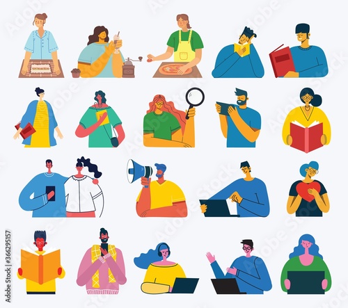 Set of people, men and women read book, work on laptop, search with magnifier, communicate. Vector graphic objects for collages and illustrations.