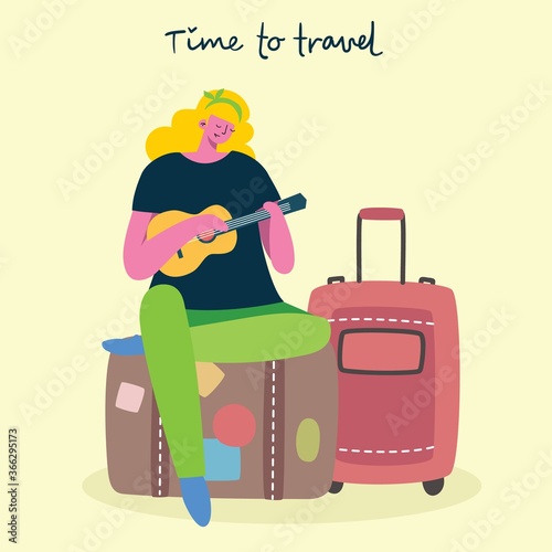 Time to travel. Vector illustration with isolated young girl traveler in various activity with luggage and tourist equipment in flat design