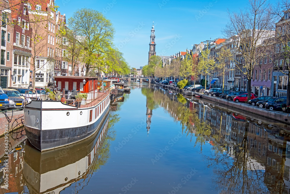 City scenic from Amsterdam with the Westerkerk in the Netherlands