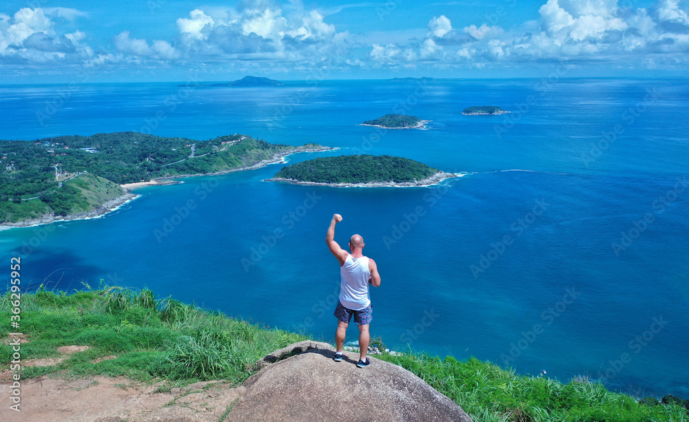 aerial view from mountain on pha hin dam to see nai harn beach and promtep cape