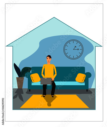 Work at home, freelance, Vector. A man working as a freelancer, organized coworking space, distant job, home lifestyle. Stock vector illustration. Can be used for journals, posters, banners, web.
