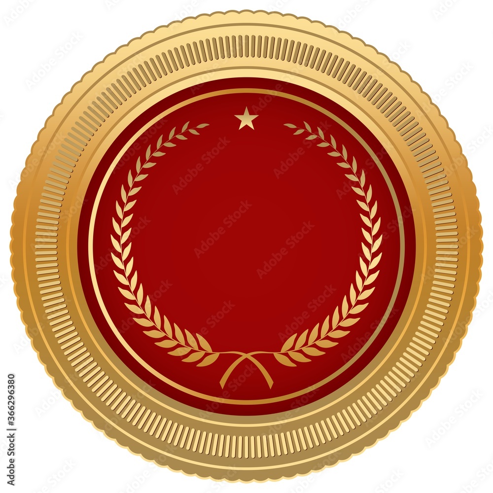 Medaille Vektor mit Goldrahmen, Lorbeerkranz, Stern und roter Medaille auf einem weißen isolierten Hintergrund. Medaille Vektor mit Goldrahmen, Lorbeerkranz, Stern und roter Medaille auf einem weißen isolierten Hintergrund.