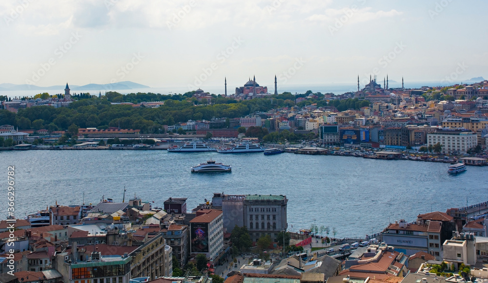 A view of Istanbul from Galata Tower in Beyoglu looking towards Sultanahmet, with Topkapi Palace on the left, Hagia Sofia centre and the Blue Mosque right