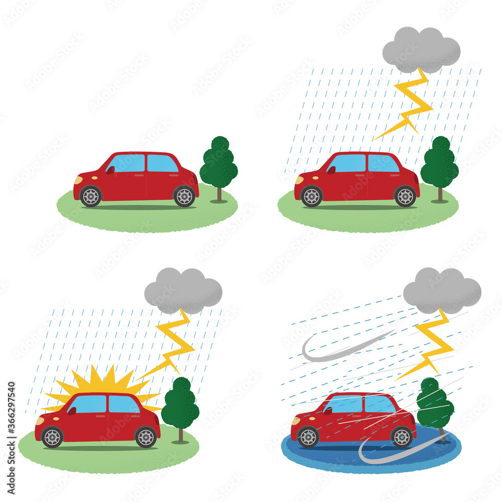 雷雨の被害に遭う自動車のベクターイラストセット 雷雨の被害に遭う自動車のベクターイラストセット