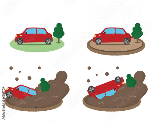 土砂災害に遭う自動車のベクターイラストセット