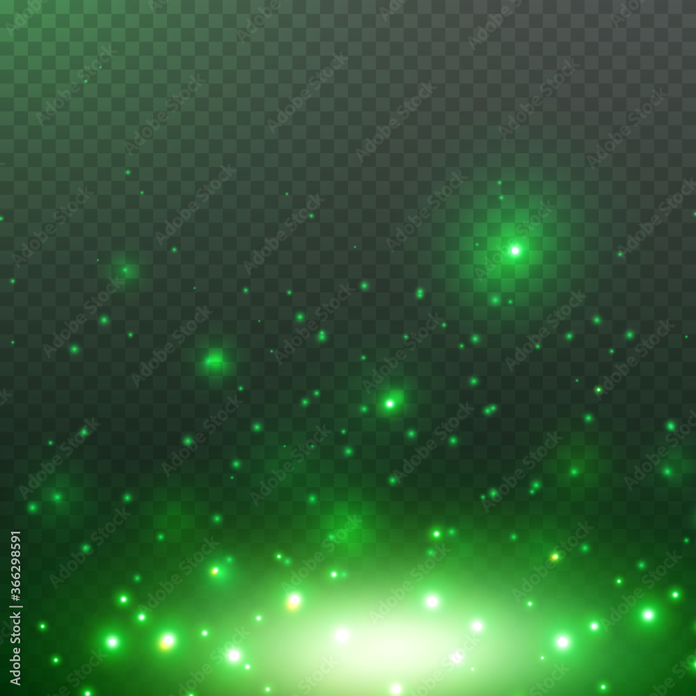 Plakat Green glitter particles, shine confetti and glowing lights effect. Vector magic fireflies, fairytale bugs sparkle on night transparent background