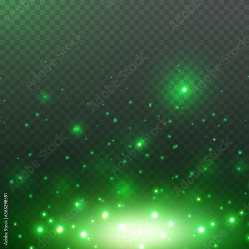 Green glitter particles, shine confetti and glowing lights effect. Vector magic fireflies, fairytale bugs sparkle on night transparent background