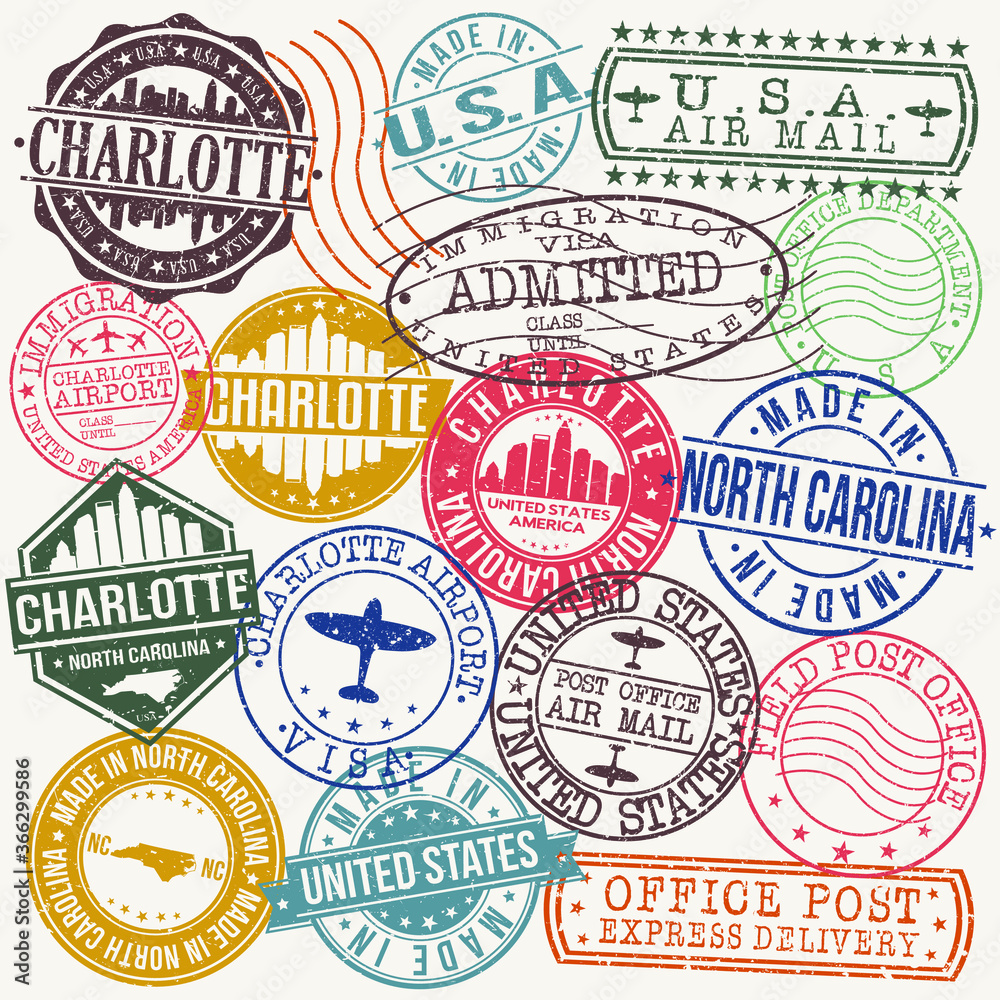 Charlotte North Carolina Stamp Vector Art Postal Passport Travel Design Set Badges.