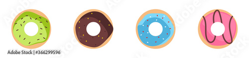 Set of glazed donuts. Sweet pastry. Bakery advertisement. Colorful dessert with cream and chocolate. Vector illustration.
