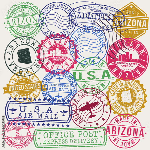 Tucson Arizona Set of Stamps. Travel Stamp. Made In Product. Design Seals Old Style Insignia.