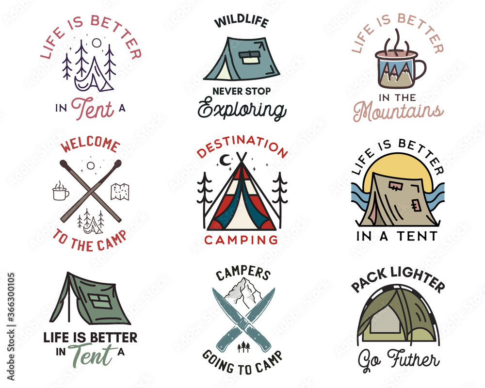 Camping adventure badges logos set, Vintage travel emblems. Hand drawn