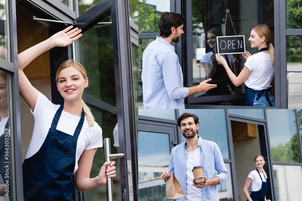 Φωτογραφία Collage of smiling customer holding paper bag and coffee to go near positive wai