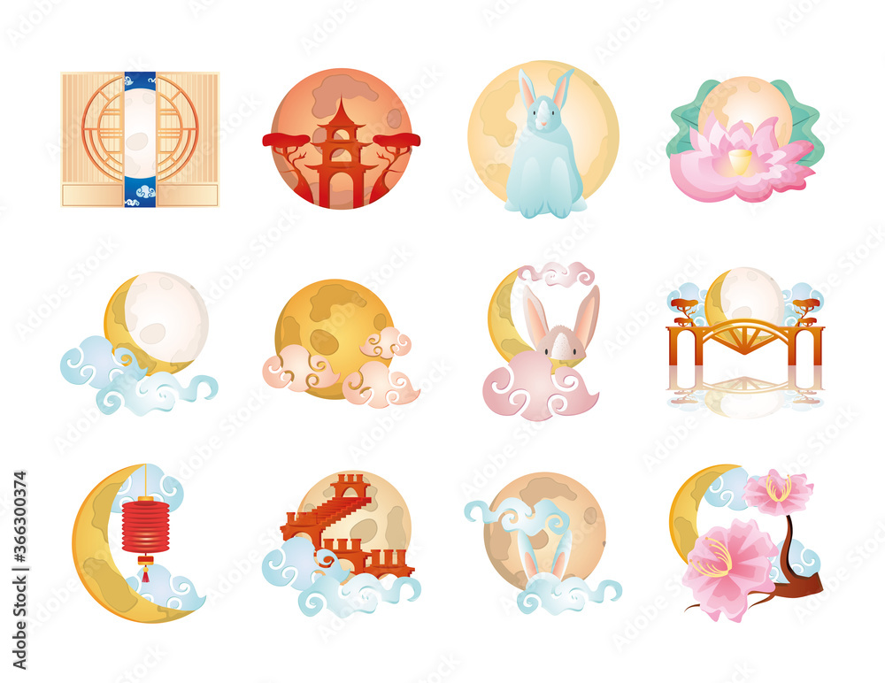 Fototapeta premium set of icons mid autumn festival or chinese moon festival