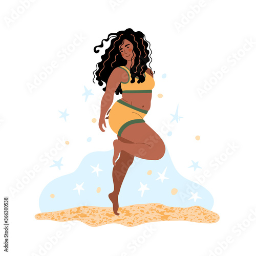 Plus size young african american woman in swimsuit dancing on the beach. Happy people drawing in flat style. International Women's Day. Vector illustration